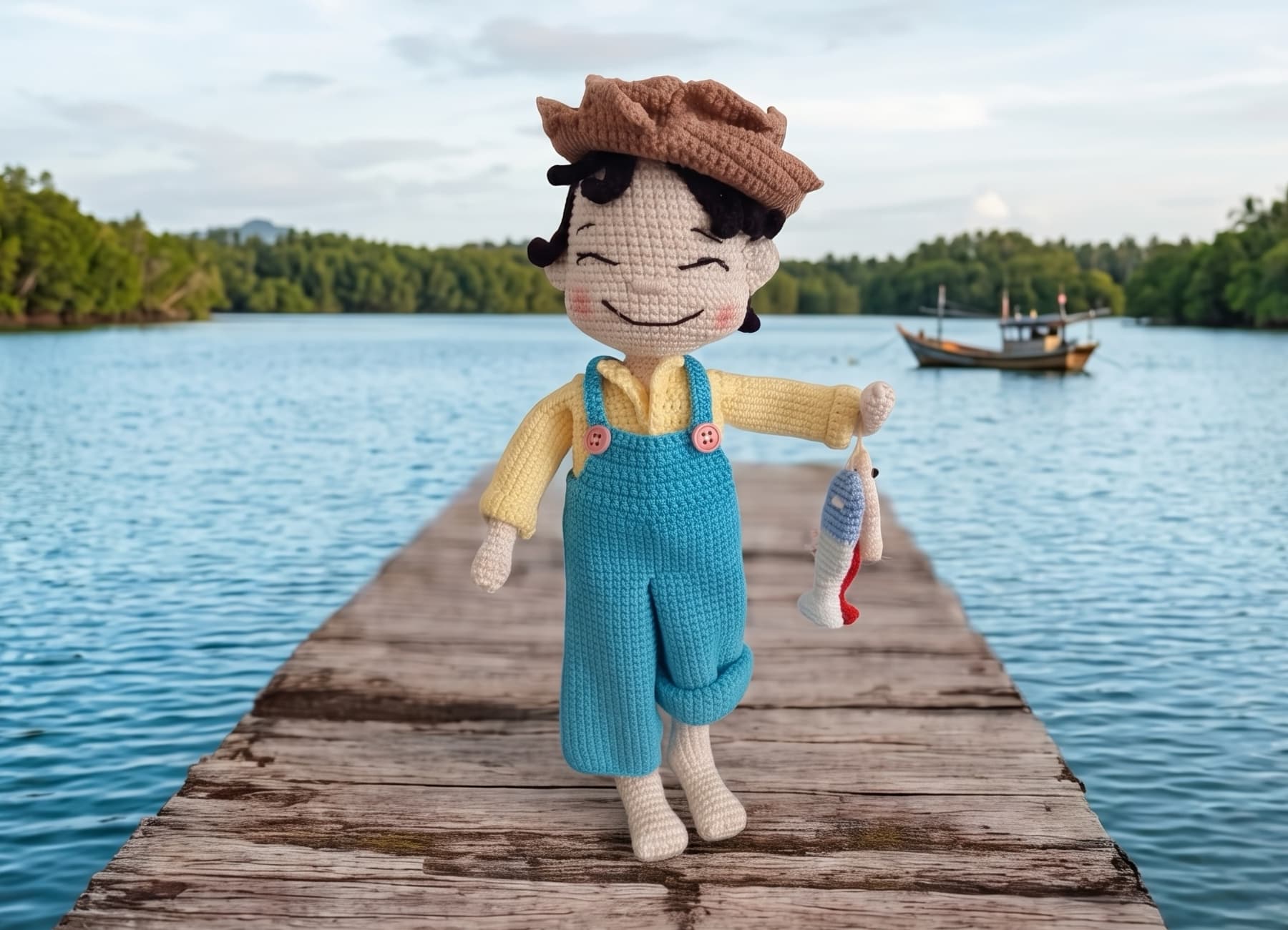 Göl kenarında Balıkçı Efe amigurumi bebek